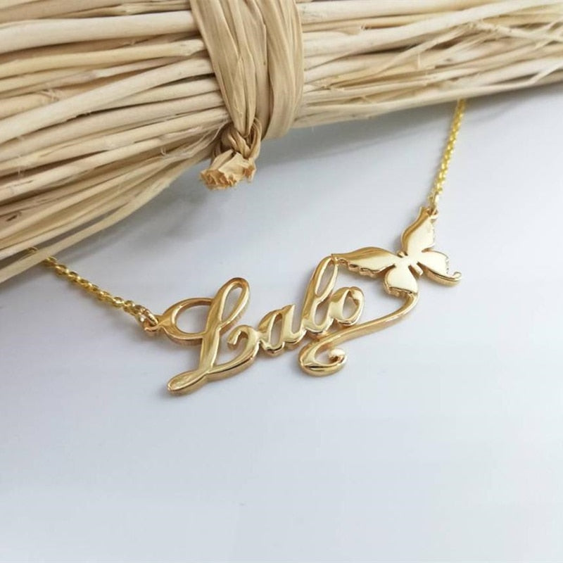 Colar Borboleta Personalizado - Com seu nome - Aço Inoxidável - Folheado a Ouro - Corte a Laser.