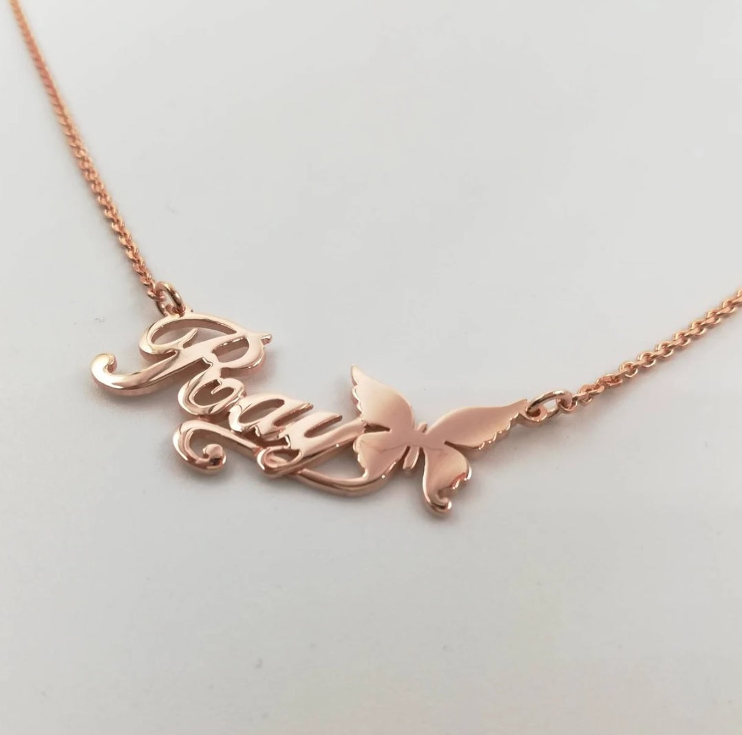 Colar Borboleta Personalizado - Com seu nome - Aço Inoxidável - Folheado a Ouro - Corte a Laser.