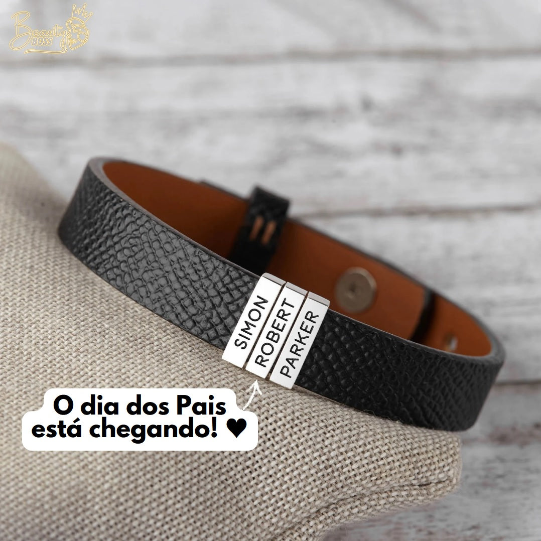 Pulseira Premium Personalizada  | Meu Pai Minha Vida - Couro + Aço Inoxidável | Oferta Especial Dia Dos Pais 50% Off + Frete Grátis