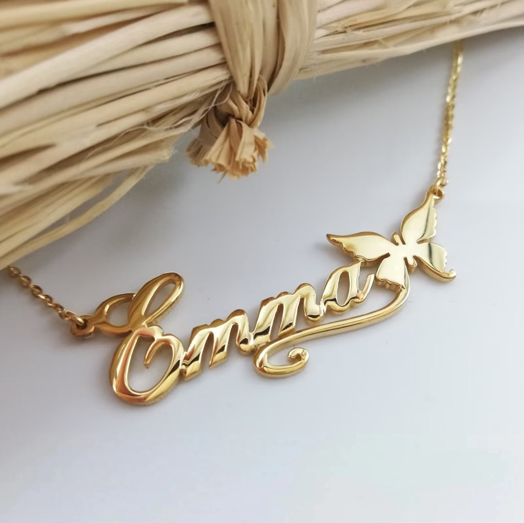 Colar Borboleta Personalizado -  Com seu nome - Aço Inoxidável - Folheado a Ouro - Corte a Laser.